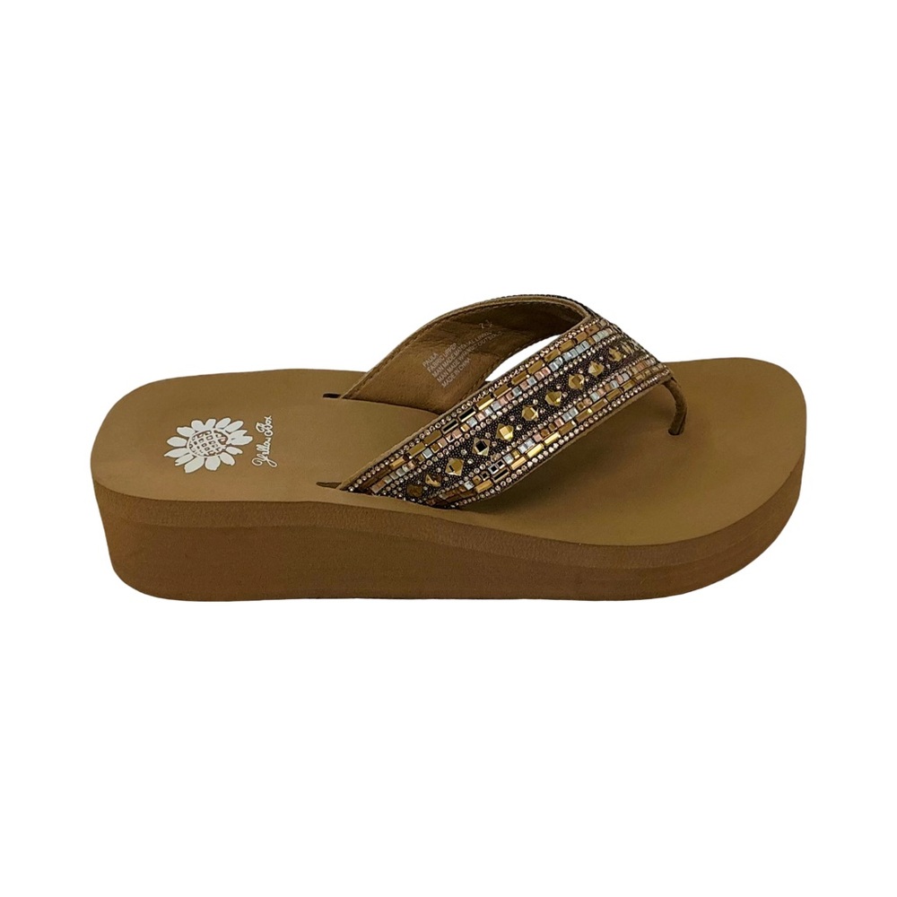 Yellow box PAULA COLOR TOAST MEDIUM WIDTH FLIP FLOPS NEW IN BOX